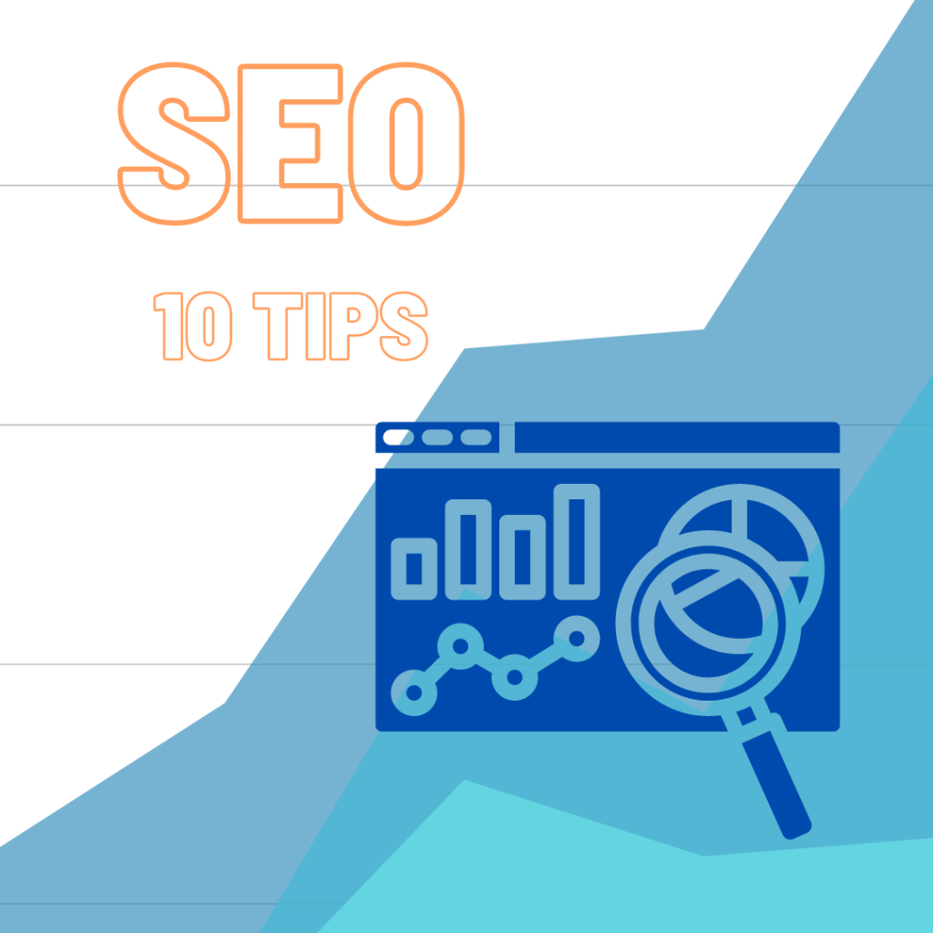 Ten SEO tips represented by an icon of a website with magnifying glass and graphs.