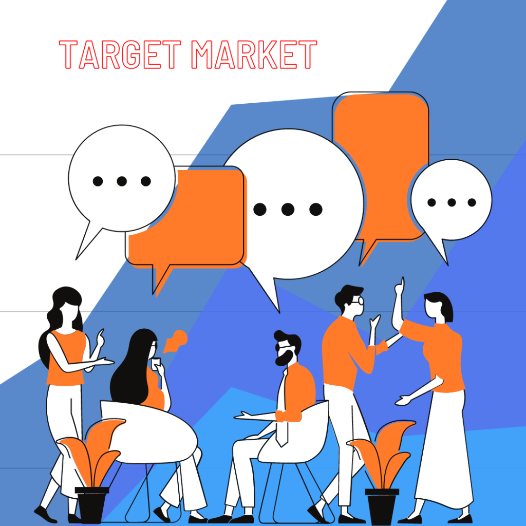 An icon representing a target market with a group of people discussing different topics.